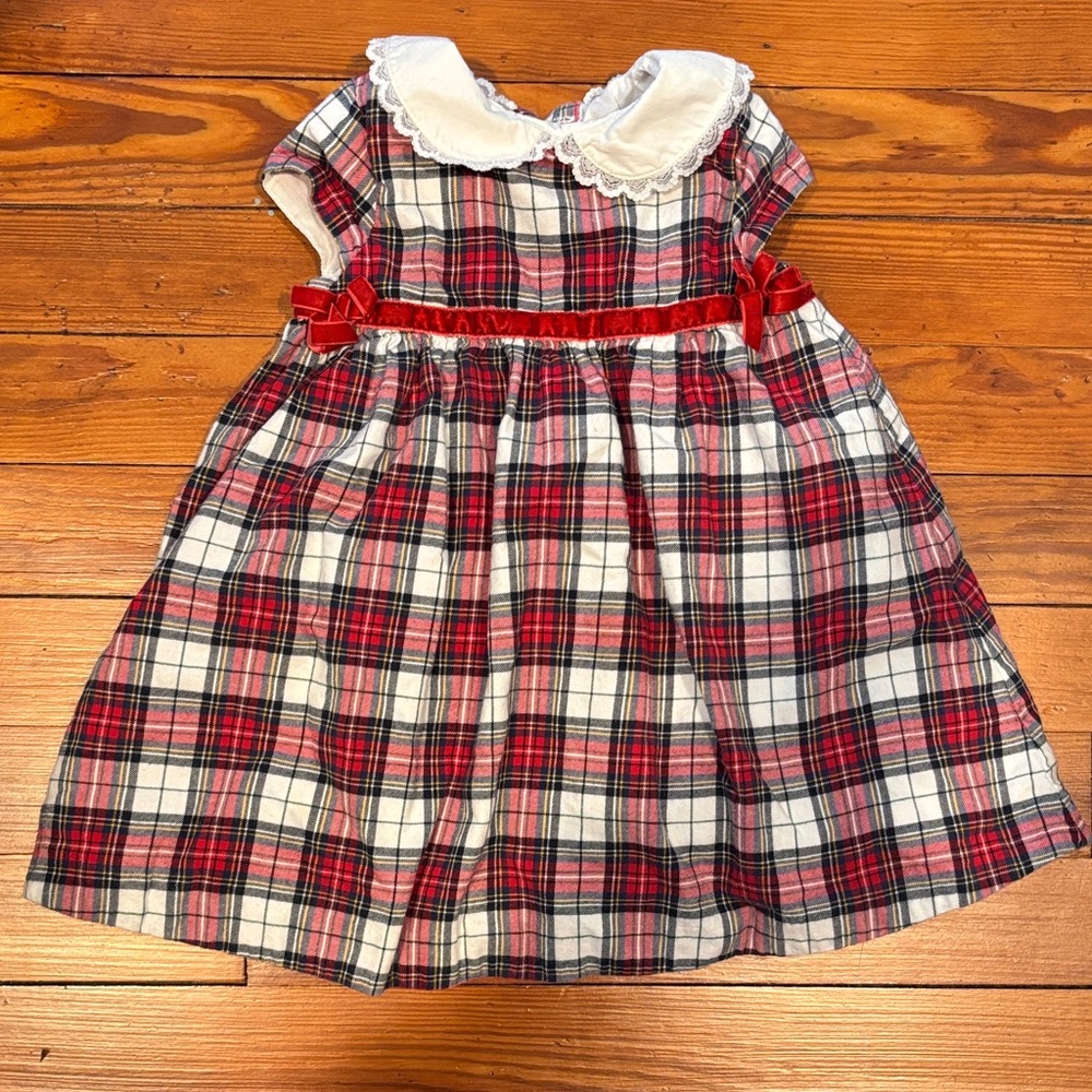 Janie and Jack Red Plaid Dress with White Collar and Red Bow, 12-18 mos